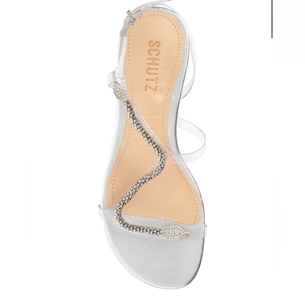 Schutz silver “Gabby” clear snake sandals size 9 in excellent condition.